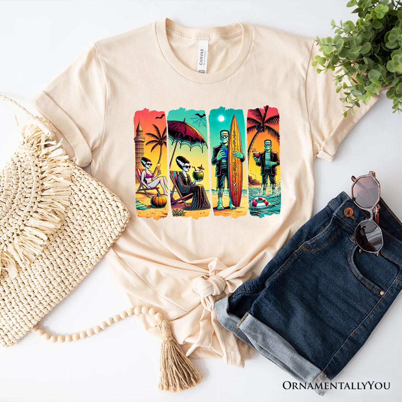 Frankenstein's Beach Vacation T-Shirt, Retro Neon Surf Style Tee for Horror Fans with Summer Vibes